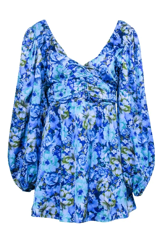 For Love & Lemons - Blue & Green Floral Print Long Sleeve Mini Dress Sz L