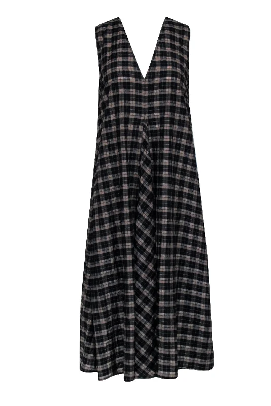 Ganni - Brown & Black Check Print Seersucker Midi Dress Sz 10