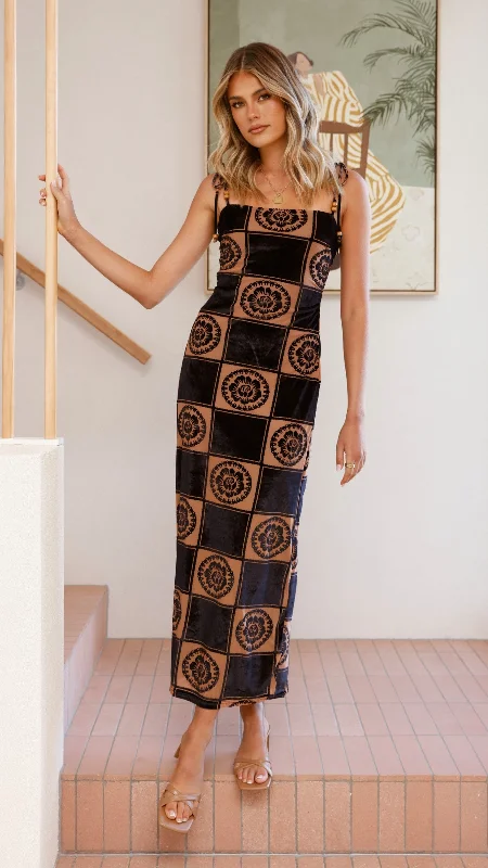 Garnet Maxi Dress - Black/Brown Print