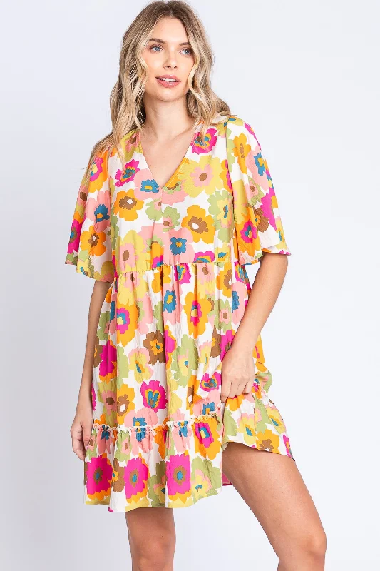 Floral V-Neck Ruffle Hem Mini Dress