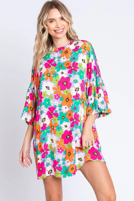 Full Size Floral Round Neck Lantern Sleeve Mini Dress