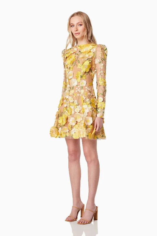 Goldenvoice 3D Floral Mini Dress In Yellow