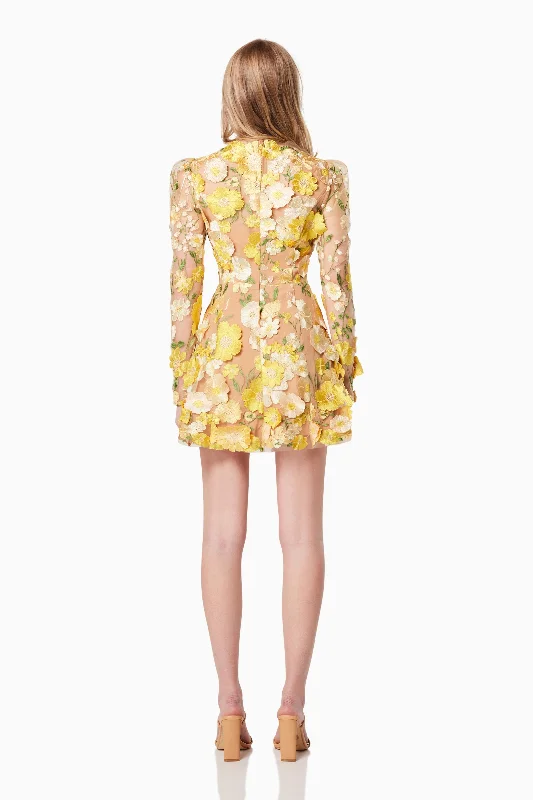 Goldenvoice 3D Floral Mini Dress In Yellow