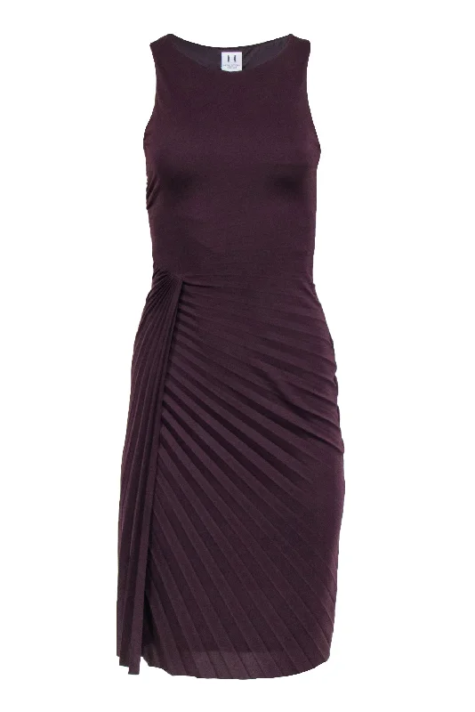 Halston Heritage - Maroon Pleated & Draped Sleeveless Midi Dress Sz 4