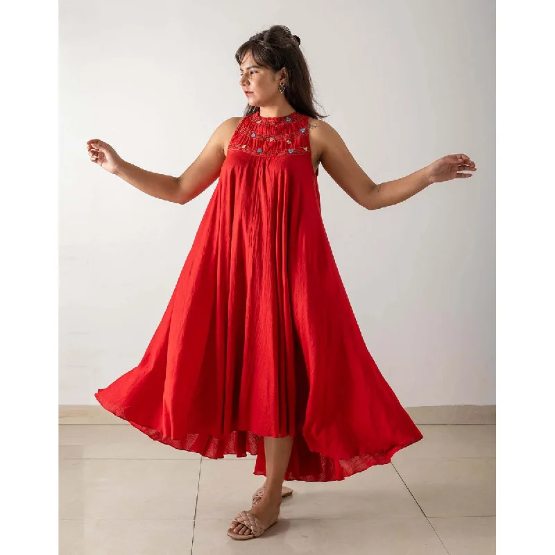 Cotton Silk Maxi Dress | Red