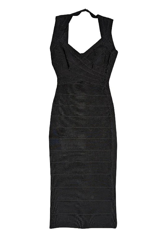 Herve Leger - Black Sleeveless V-Neck Bandage Midi Dress Sz XS