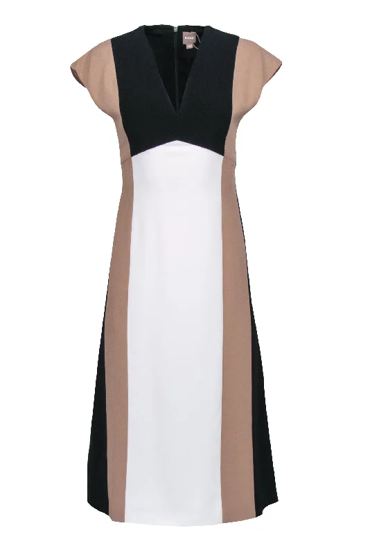 Hugo Boss - White, Beige, & Black Color Block ""Debrany"" Midi Dress Sz 2