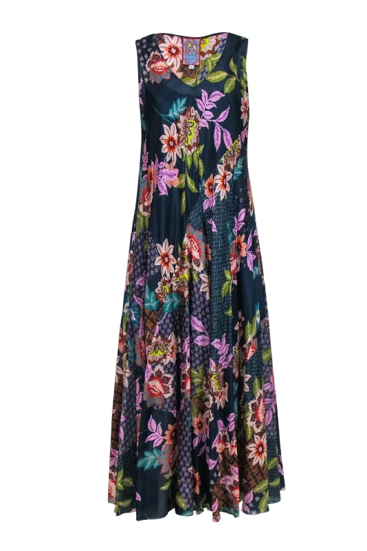 Johnny Was - Navy Floral Silk Sleeveless Midi Dress Sz L