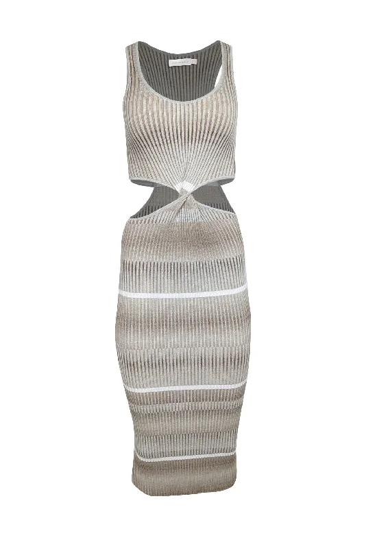 Jonathan Simkhai - Beige, Taupe, & White Striped Rib Knit Midi Dress Sz XS