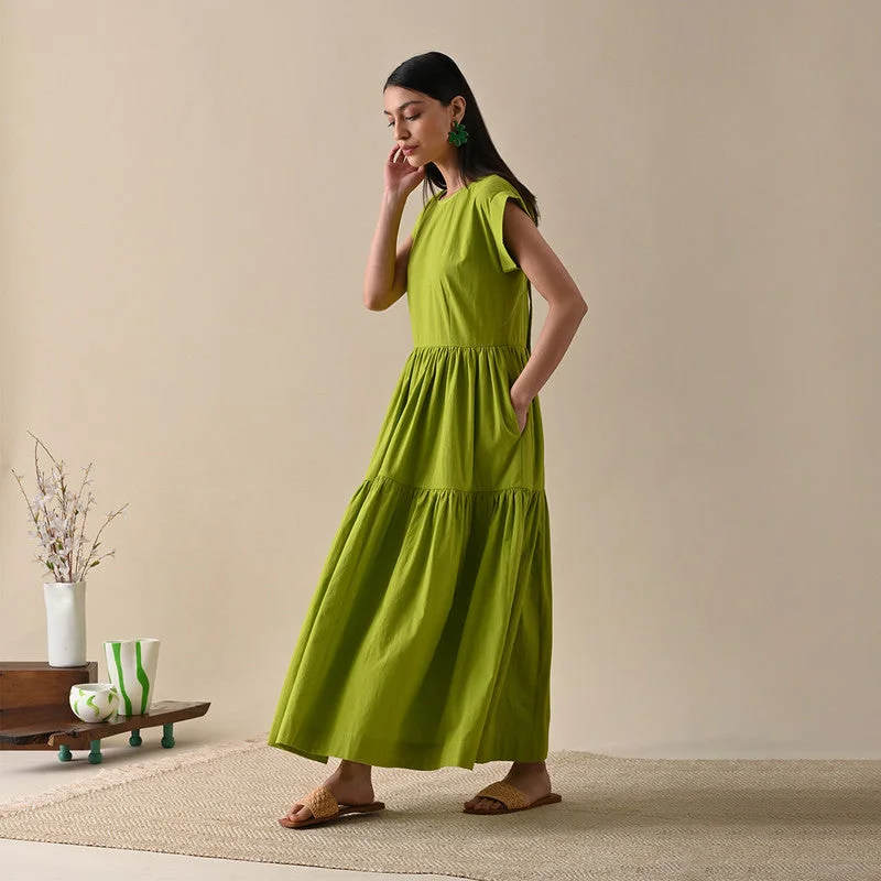 Organic Cotton Maxi Dress | Drop Shoulder | Green