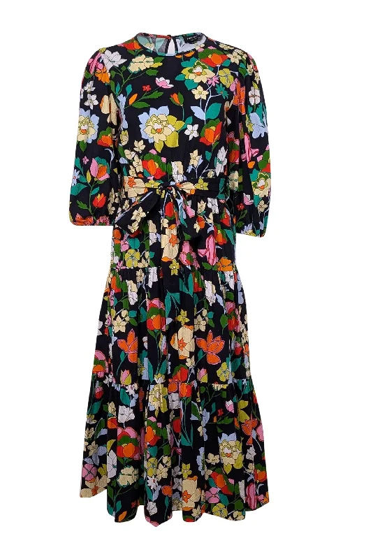 Kate Spade - Black w/ Rainbow Floral Print Seersucker Midi Dress Sz M