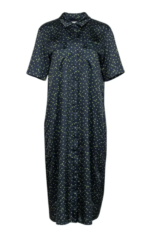 Lafayette 148 - Navy & Green Polka Dot Midi Shirt Dress Sz M