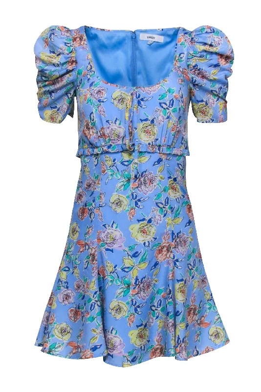 Likely - Blue Babydoll Floral Print Mini Dress Sz 00