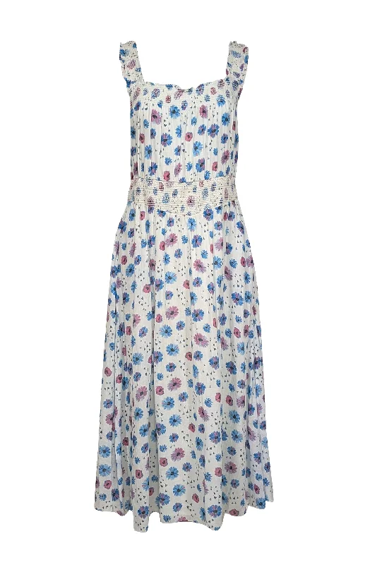 LoveShackFancy - White w/ Pink & Blue Floral Print Midi Dress Sz L