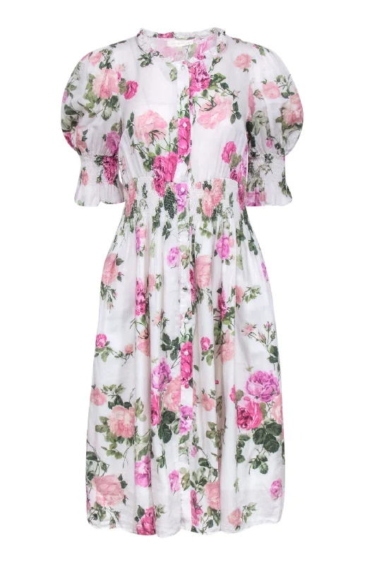 LoveShackFancy - White w/ Pink Rose Print Midi Dress Sz XS