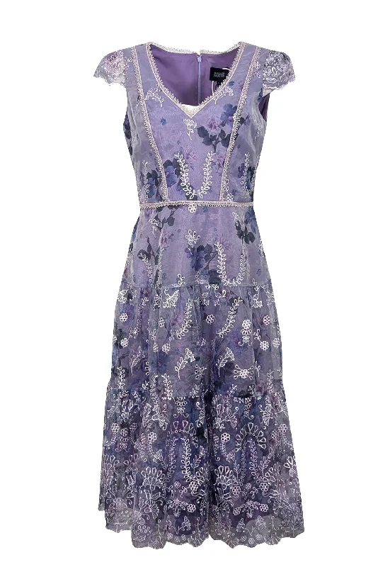 Marchesa Notte - Lavender Cap Sleeve Floral w/ Embroidered Details Midi Dress Sz 6