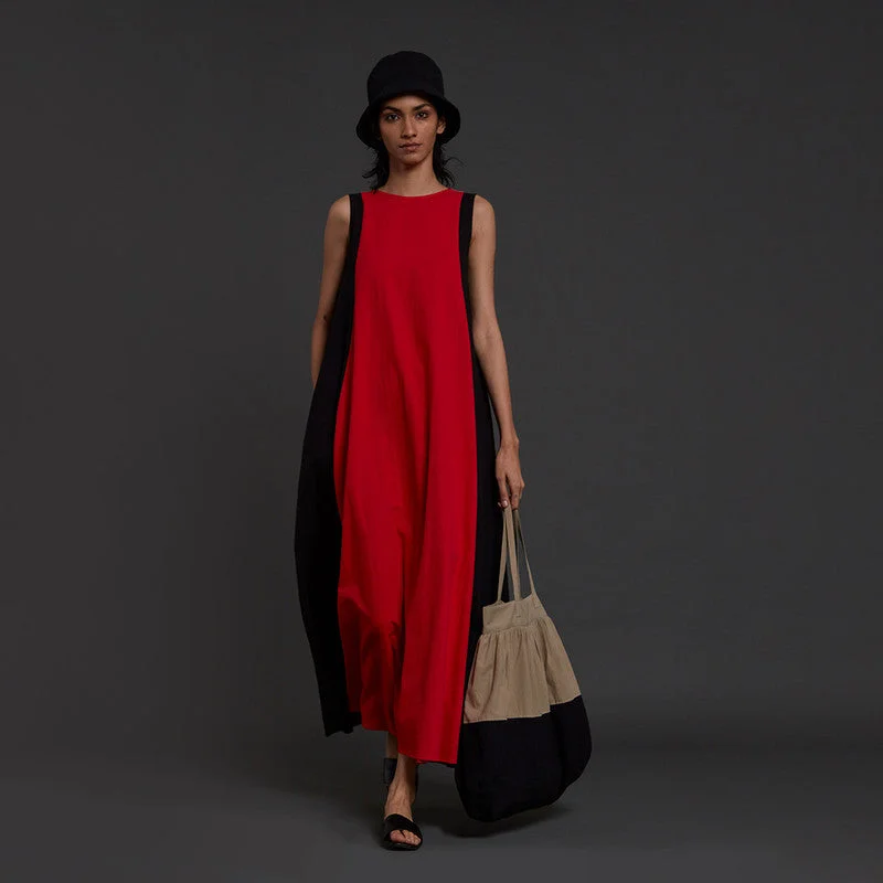 Dress For Women | Pure Cotton Maxi Dress | Colour Block | Red & Beige