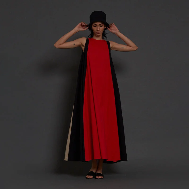 Dress For Women | Pure Cotton Maxi Dress | Colour Block | Red & Beige