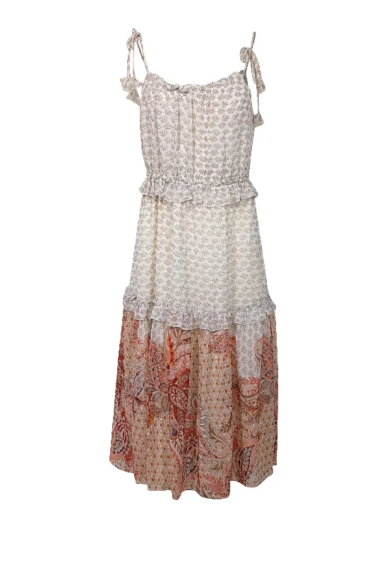 MISA Los Angeles - Pink, Ivory, & Peach Paisley Print Ruffled Midi Dress Sz M