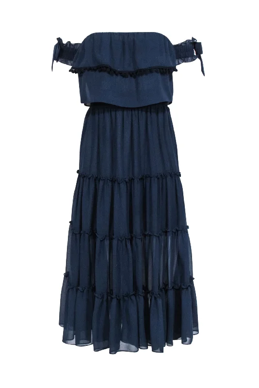 MISA Los Angeles - Navy Ruffle Tiered Off The Shoulder Midi Dress Sz XS