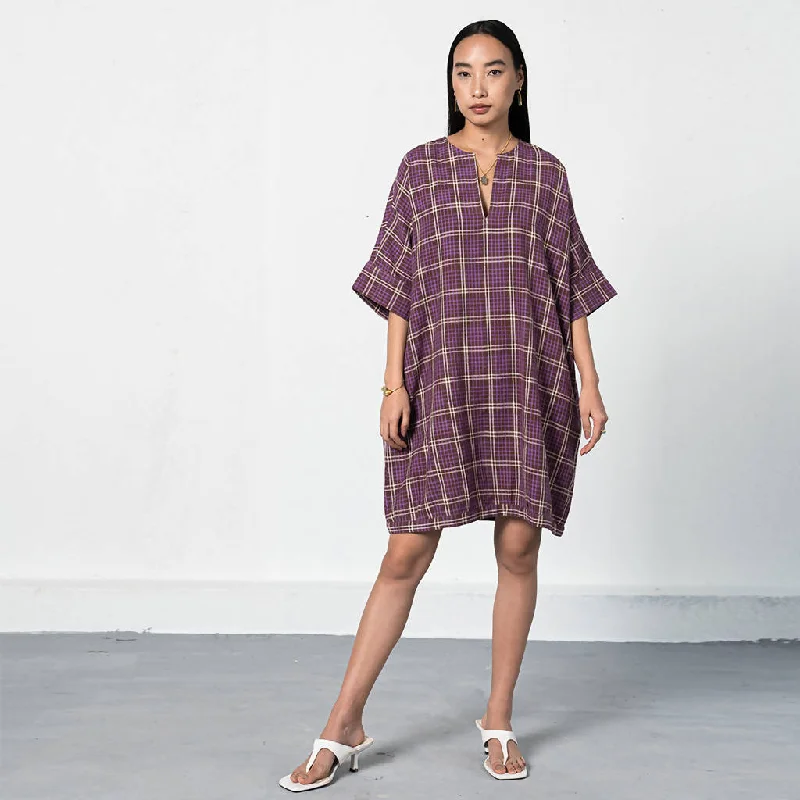 Organic Cotton Checked Midi Dress | Purple