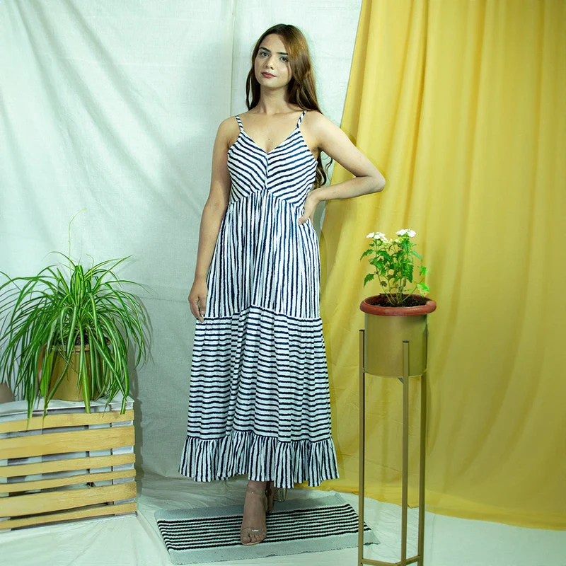 Tiered Maxi Dress for Women | Striped | Navy & White