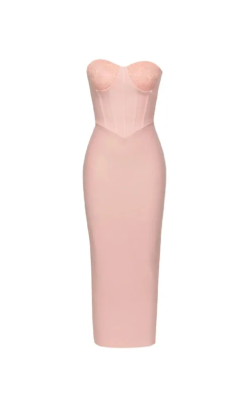 PINK STRAPLESS LACE CORSET MAXI DRESS