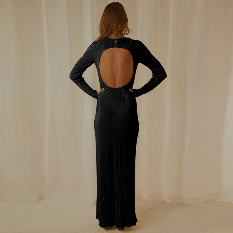 BerriesJam - 2024 Pleated Backless Long Sleeve Evening Maxi Dress