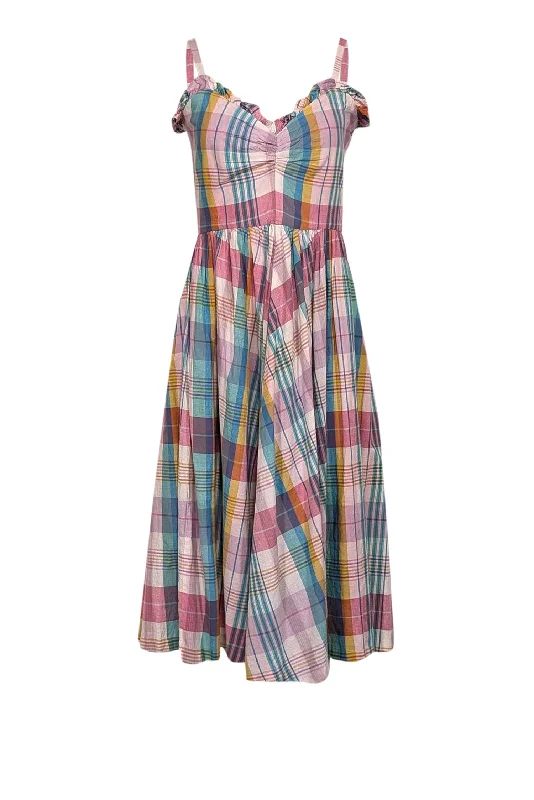 Polo Ralph Lauren - Pink, Teal, & White Plaid Print Cotton Midi Dress Sz 2