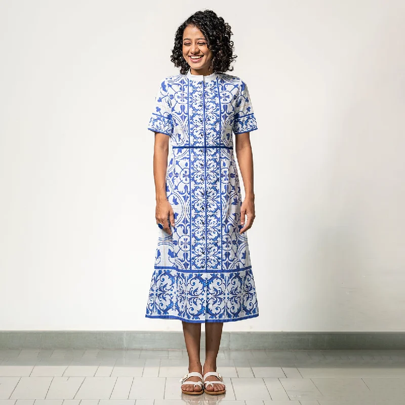 Poplin Maxi Dress for Women | Digital Print | White & Blue