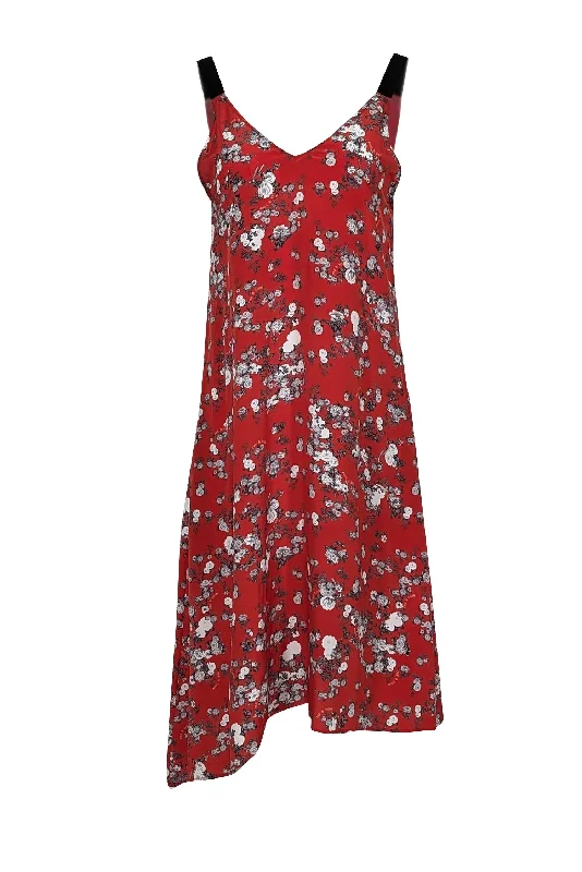 Rag & Bone - Red w/ White, Grey, & Black Floral Print Silk Midi Dress Sz XS