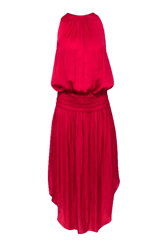 Ramy Brook - Red Satin Smocked Waist Midi Dress Sz M