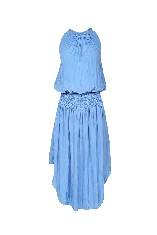 Ramy Brook - Light Blue Satin Smocked Waist Midi Dress Sz S