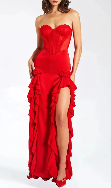 RED SATIN LACE CORSET MAXI DRESS