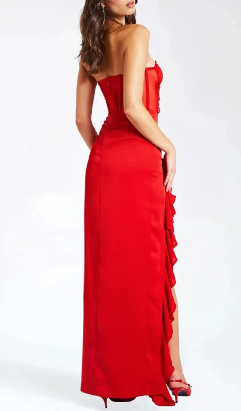 RED SATIN LACE CORSET MAXI DRESS