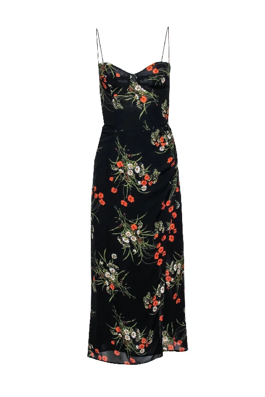 Reformation - Black w/ Orange & Green Floral Print Midi Dress Sz 4