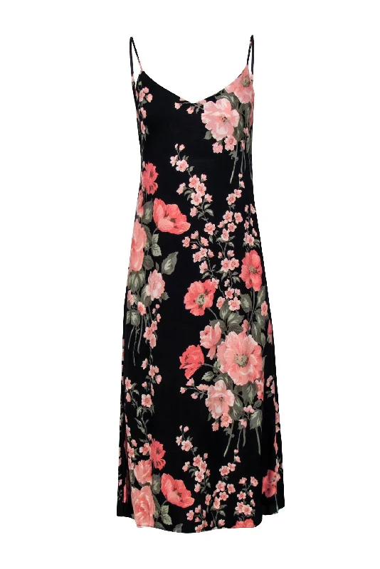 Reformation - Black w/ Pink Floral Print Tie-Back Midi Dress Sz 6