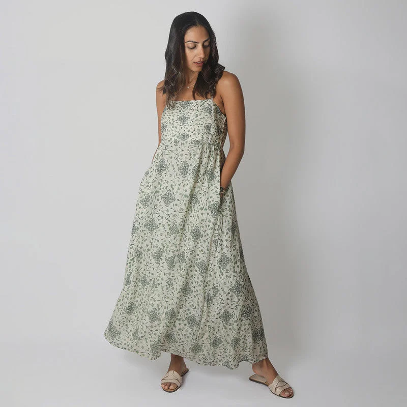 Bemberg Crepe Maxi Dress | Straps Sleeves | White & Green