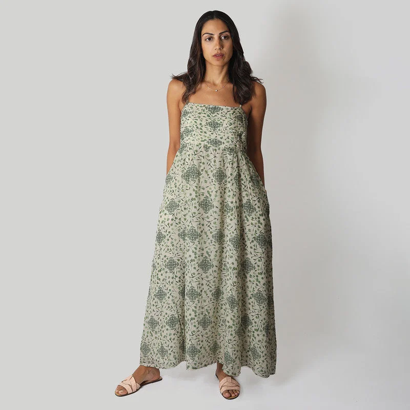 Bemberg Crepe Maxi Dress | Straps Sleeves | White & Green