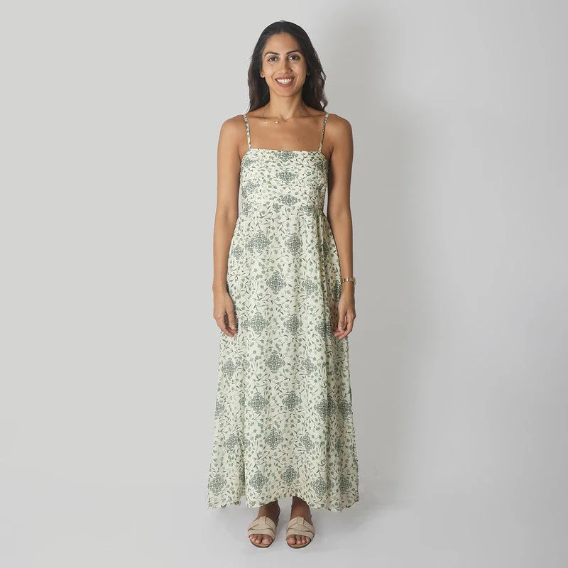 Bemberg Crepe Maxi Dress | Straps Sleeves | White & Green