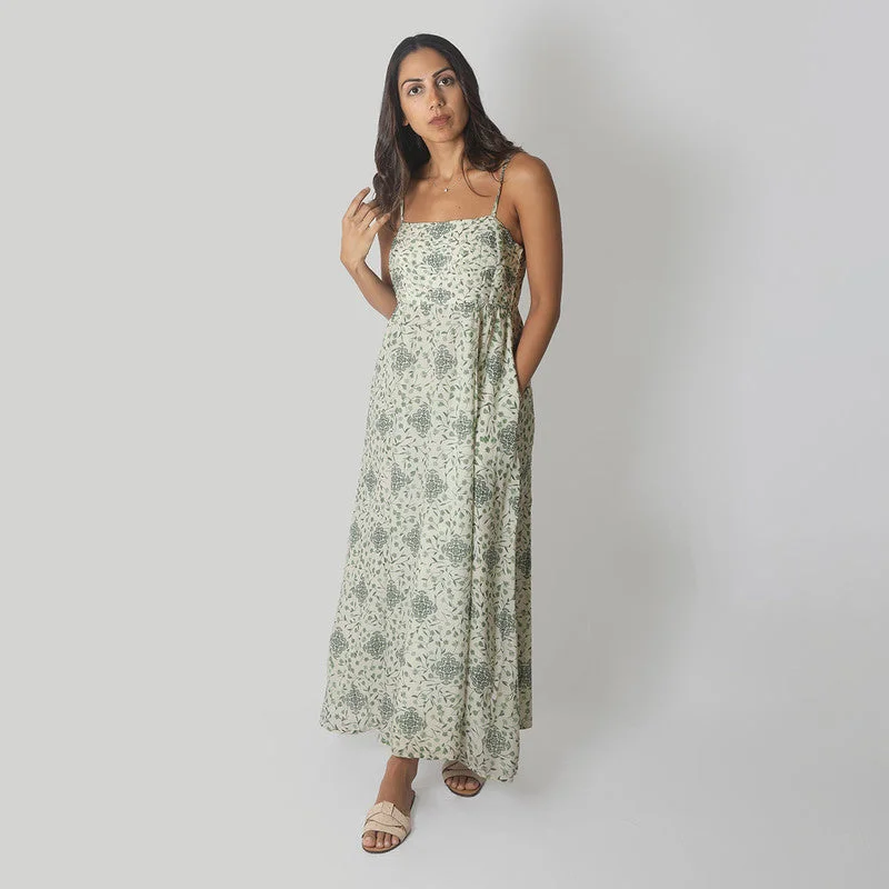 Bemberg Crepe Maxi Dress | Straps Sleeves | White & Green