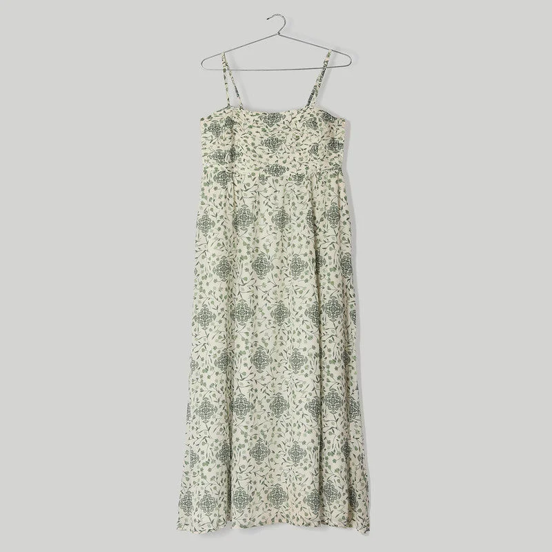 Bemberg Crepe Maxi Dress | Straps Sleeves | White & Green