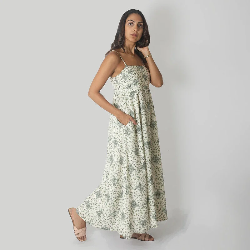 Bemberg Crepe Maxi Dress | Straps Sleeves | White & Green