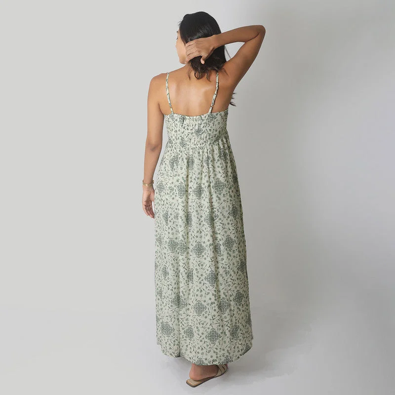 Bemberg Crepe Maxi Dress | Straps Sleeves | White & Green