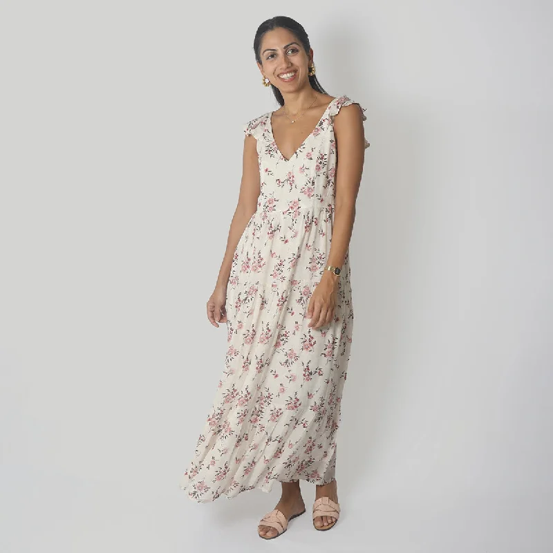 Bemberg Crepe Ruffled Maxi Dress | Pink & White