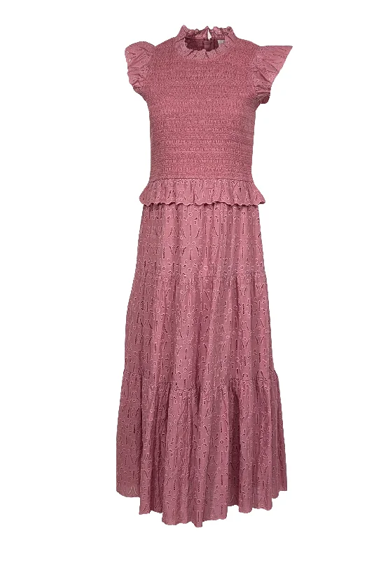 Sea NY - Rose Pink Smocked Bodice Eyelet Lace Midi Dress Sz 6