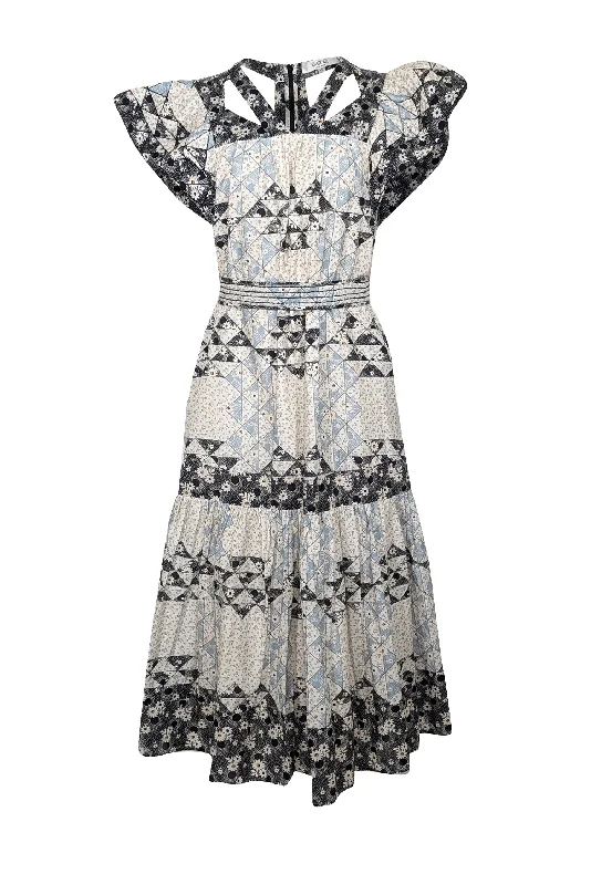 Sea NY - Ivory, Black, & Blue Floral Patchwork Midi Dress Sz XS