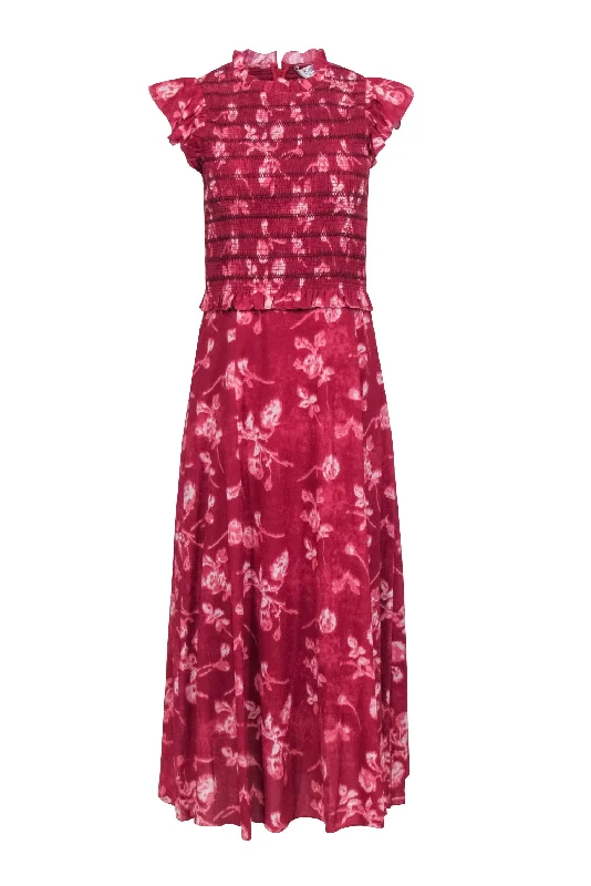 Sea NY - Brick Red Floral Print "" Monet Smocked Midi"" Dress Sz 4