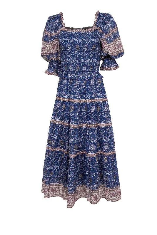 Sea NY - Blue w/ Multicolor Paisley Print Smocked Midi Dress Sz XS