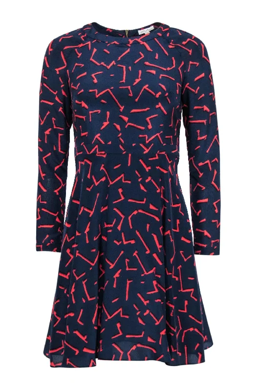 Shoshanna - Navy & Red Silk Printed Long Sleeve Mini Dress Sz 0